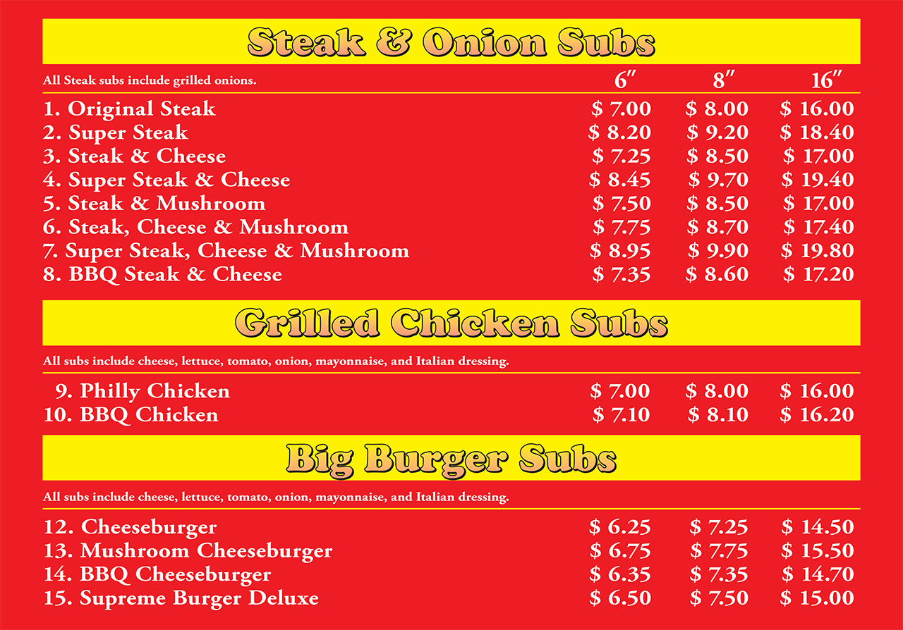 Saginaw Menu